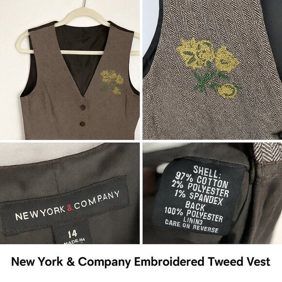 New York & Company Vintage Tweed Vest w/ Floral Embroidery | Size 14 | Y2K | - Picture 2 of 7
